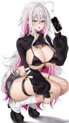 Rule 34 | 1girl, ahoge, bikini, bikini top only, black footwear, black nails, blush, breasts, cleavage, commentary, crossed bangs, earrings, full body, heterochromia, highres, jewelry, large breasts, long hair, looking at viewer, mole, multicolored hair, open mouth, original, pink hair, red eyes, short shorts, shorts, smile, solo, squatting, swimsuit, thigh strap, thighs, tiptoes, two-tone hair, very long hair, vitaminechan, vivi (vitaminechan), white background, white hair, yellow eyes