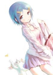Rule 34 | 10s, 1girl, bag, blue eyes, blue hair, bug, butterfly, hair ornament, hairclip, highres, insect, kyubey, looking at viewer, mahou shoujo madoka magica, mahou shoujo madoka magica (anime), miki sayaka, short hair, simple background, skirt, smile, white background, yoshinogai