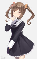 Rule 34 | 1girl, :o, artist name, bad id, bad pixiv id, black choker, black dress, blush, brown eyes, brown hair, cellphone, choker, collared dress, commentary request, cowboy shot, dress, grey background, hair ornament, highres, holding, holding phone, lace trim, long hair, long sleeves, looking at viewer, morinaga miu, morinaga miu channel, parted lips, phone, retorillo, sidelocks, simple background, sleeves past wrists, smartphone, solo, standing, twintails, virtual youtuber, wavy hair
