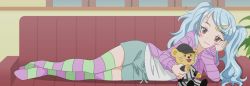 Rule 34 | 10s, 1girl, :3, blue hair, boku no imouto wa osaka okan, couch, hair ornament, hairclip, highres, ishihara namika, lying, on side, screencap, smile, solo, stitched, striped clothes, striped thighhighs, thighhighs, third-party edit, twintails