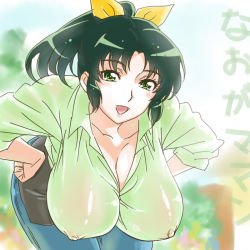 Rule 34 | 10s, 1girl, :d, bent over, bow, breasts, cleavage, covered erect nipples, denim, female focus, green eyes, green hair, green shirt, hair bow, hair ribbon, hands on own hips, hanging breasts, huge breasts, jeans, kaneko hiraku, matching hair/eyes, midorikawa nao, mature female, nipples, no bra, aged up, open mouth, pants, ponytail, precure, ribbon, see-through, shirt, sleeves rolled up, smile, smile precure!, solo