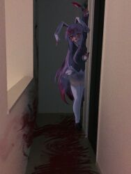 1girl animal_ears black_shirt blood blood_on_clothes blood_on_face blood_on_ground blood_on_hands blood_splatter hallway highres holding holding_knife knife long_hair long_sleeves miniskirt necktie peeking_out purple_hair rabbit_ears rabbit_girl red_eyes red_necktie reisen_udongein_inaba shirt sira-iu skirt thighhighs touhou very_long_hair white_skirt white_thighhighs