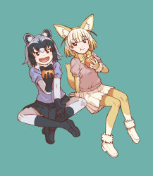 Rule 34 | 10s, 2girls, :t, animal ears, black hair, blonde hair, bow, bowtie, brown eyes, common raccoon (kemono friends), eating, fang, fennec (kemono friends), fluffy collar, food, fox ears, fox tail, highres, holding, holding food, indian style, japari bun, kemono friends, multicolored hair, multiple girls, open mouth, pantyhose, pleated skirt, short hair, simple background, sitting, skirt, tail, tanuki koubou