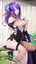 Rule 34 | 1girl, absurdres, alternate costume, bare shoulders, braid, breasts, cleavage, clothes pull, covered navel, from side, genshin impact, highres, indoors, large breasts, leotard, long hair, looking at viewer, open mouth, panipo, purple eyes, purple hair, raiden shogun, sitting, sleeveless, smile, solo, swept bangs, thigh strap, very long hair