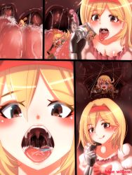Rule 34 | 2girls, :p, blonde hair, blue eyes, blue willow, blush, charlotta (granblue fantasy), comic, display, djeeta (granblue fantasy), drooling, female focus, granblue fantasy, hairband, helpless, highres, inside creature, licking lips, mini person, minigirl, multiple girls, pointy ears, reaching, reaching towards viewer, saliva, scared, screaming, size difference, smile, soft vore, swallowing, teeth, throat bulge, tongue, tongue out, uvula, vore