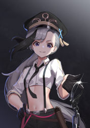 Rule 34 | 1girl, absurdres, asymmetrical bangs, azur lane, belt pouch, black background, black gloves, black hair, black hat, black necktie, black shorts, blue eyes, breasts, collared shirt, commentary, cropped shirt, cuffs, eir, eyelashes, glint, gloves, grin, hand on own hip, handcuffs, hat, highres, long hair, looking at viewer, midriff, military hat, minsk (azur lane), minsk (thunderous jailor) (azur lane), multicolored hair, navel, necktie, peaked cap, ponytail, pouch, shirt, shorts, silver hair, simple background, small breasts, smile, solo, suspender shorts, suspenders, two-tone hair, white shirt, wing collar
