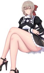 Rule 34 | 1girl, absurdres, black footwear, blush, borrowed character, brown hair, chin gero, closed mouth, crossed legs, hair ornament, hairclip, high heels, highres, long sleeves, looking at viewer, original, simple background, sitting, smile, solo, thighs, white background
