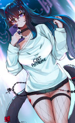 Rule 34 | 1girl, animal ear fluff, animal ears, black choker, black hair, black skirt, cat ears, cat girl, cat tail, cellphone, chain, choker, clothes writing, commentary, ehrrr, elbow cutout, english commentary, fishnet thighhighs, fishnets, hair between eyes, hair ornament, hairclip, highres, holding, holding phone, jewelry, long hair, long sleeves, looking at viewer, miniskirt, original, parted lips, phone, pleated skirt, pun, purple eyes, ring, shirt, skirt, smartphone, solo, tail, tail ornament, thighhighs, twitter username, white shirt