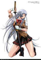 Rule 34 | 00s, 1girl, absurdres, black socks, breasts, chouun shiryuu, closed eyes, clothes, extraction, fingerless gloves, full body, glint, gloves, grey hair, highres, holding, holding weapon, ikkitousen, katana, kneehighs, kneeling, large breasts, loafers, long hair, miniskirt, official art, open mouth, pleated skirt, profile, ribbon, rin-sin, school uniform, sheath, shirt, shoes, short sleeves, simple background, skirt, sleeve cuffs, socks, solo, sword, taut clothes, tiptoes, transparent background, unsheathing, very long hair, vest, weapon, white background, white gloves