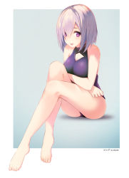 Rule 34 | 1girl, absurdres, alternate costume, bare shoulders, blush, cleavage cutout, clothing cutout, fate/grand order, fate (series), full body, hair over one eye, highres, legs, looking at viewer, mash kyrielight, one-piece swimsuit, open mouth, purple eyes, purple hair, purple one-piece swimsuit, rods, short hair, sitting, smile, solo, swimsuit, toes, two-tone background