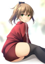 Rule 34 | 1girl, :o, ass, black bow, blurry, blurry background, blush, bow, buruma, commentary request, depth of field, green eyes, grey thighhighs, gym uniform, hair between eyes, hair bow, high ponytail, highres, jacket, light brown hair, looking at viewer, looking back, open mouth, original, ponytail, red buruma, red jacket, shibacha, solo, thighhighs, track jacket