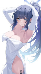 Rule 34 | 1girl, absurdres, adjusting hair, armpits, arms up, bare shoulders, blue archive, blue eyes, blue hair, blue halo, blush, breasts, choker, cleavage, closed mouth, collarbone, colored inner hair, covered navel, dress, earrings, elbow gloves, flower, gloves, hair flower, hair ornament, halo, hashtag-only commentary, highres, holster, jewelry, large breasts, looking at viewer, multicolored hair, no panties, official alternate costume, official alternate hairstyle, ponytail, rianya07, saori (blue archive), saori (dress) (blue archive), side slit, simple background, smile, solo, standing, strapless, strapless dress, thigh holster, thighhighs, thighs, white background, white choker, white dress, white flower, white gloves