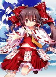 Rule 34 | 1girl, armpits, ascot, blue sky, blush, bow, brown eyes, brown footwear, brown hair, cloud, day, detached sleeves, gohei, hair bow, hair tubes, hakurei reimu, highres, holding, japanese clothes, layered skirt, matching hair/eyes, midriff, miko, ofuda, outstretched arm, ponytail, red bow, red skirt, ribbon-trimmed sleeves, ribbon trim, shenbei xiaoqiu, skirt, sky, smile, solo, touhou, wide sleeves, yellow ascot