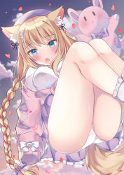 Rule 34 | 1girl, :o, animal ear fluff, animal ears, blue eyes, blush, bow, bowtie, braid, breasts, cloud, cloudy sky, dot nose, feet out of frame, flower, fox ears, fox tail, frilled skirt, frills, hair flower, hair ornament, hair ribbon, hat, heart, large breasts, light brown hair, looking down, open mouth, original, oumiya hinari, panties, pantyshot, pleated skirt, purple bow, purple bowtie, purple skirt, purple sweater, ribbon, shirt, sidelocks, skirt, sky, sleeves past fingers, sleeves past wrists, socks, solo, stuffed animal, stuffed toy, sweater, tail, thighs, underwear, white hat, white panties, white shirt