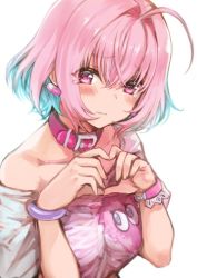 Rule 34 | 1girl, ahoge, aqua hair, bangle, belt collar, blush, bracelet, breasts, collar, collarbone, earrings, hair between eyes, hair intakes, hands up, idolmaster, idolmaster cinderella girls, jewelry, koin (foxmark), looking at viewer, medium breasts, multicolored hair, off-shoulder shirt, off shoulder, pill earrings, pink eyes, pink hair, shirt, short hair, short sleeves, simple background, single bare shoulder, skeleton print, solo, t-shirt, tearing up, two-tone hair, upper body, white background, wristband, yumemi riamu