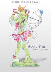 Rule 34 | 1girl, female focus, full body, looking at viewer, maruneko, monster girl, raincoat, ribbon, simple background, skirt, slime, solo, umbrella