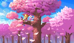 02charaice20 1girl absurdres blue_sky bow cherry_blossoms closed_eyes cloud commentary forest gourd hair_bow heart highres horns ibuki_suika light_rays nature orange_hair outdoors pixel_art purple_skirt skirt sky solo spoken_heart touhou tree wide_shot