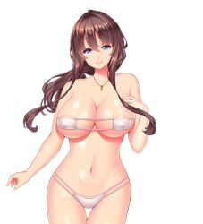 Rule 34 | 1girl, :&gt;, arm at side, bikini, blue eyes, breasts, brown hair, closed mouth, covered erect nipples, cowboy shot, eyebrows hidden by hair, female focus, game cg, groin, hair between eyes, hand up, large breasts, legs, long hair, looking at viewer, navel, nonomiya sora, original, shiokonbu, sister lesson, smile, solo, standing, swimsuit, tachi-e, thigh gap, thighs, transparent background