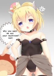 Rule 34 | 1girl, aged down, anger vein, bare shoulders, black leotard, black thighhighs, blonde hair, blue eyes, blurry, blurry foreground, bowsette, bracelet, breasts, collar, collarbone, commentary request, covered navel, crown, depth of field, english text, engrish text, fang, gluteal fold, gradient background, grey background, hair between eyes, hand on own hip, head tilt, high ponytail, highres, horns, jewelry, leotard, looking at viewer, mario (series), mini crown, mushroom, new super mario bros. u deluxe, nintendo, open mouth, ponytail, ranguage, renew vivi, small breasts, solo, spiked bracelet, spiked collar, spiked tail, spikes, strapless, strapless leotard, super crown, tail, thighhighs, tilted headwear, v-shaped eyebrows, white background