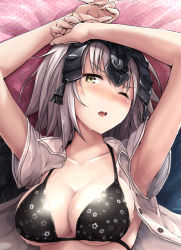 Rule 34 | &gt;;o, 1girl, akita hika, armpits, arms up, bad id, bad pixiv id, bed, fate/apocrypha, fate/grand order, fate (series), grey hair, headpiece, jeanne d&#039;arc (fate), jeanne d&#039;arc alter (avenger) (fate), jeanne d&#039;arc alter (fate), looking at viewer, on bed, one eye closed, open clothes, open mouth, open shirt, pillow, shirt, short hair, solo, tears, teeth, upper body, v-shaped eyebrows, yellow eyes