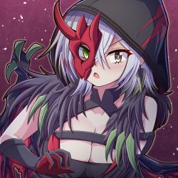 Rule 34 | 1girl, aospanking, blush, breasts, cleavage, collarbone, colored tips, detached sleeves, diabellstar the black witch, dress, duel monster, earrings, gloves, green eyes, green hair, half mask, heterochromia, holding, hood, hood up, jewelry, large breasts, looking at viewer, mask, medium hair, multicolored hair, open mouth, pale skin, red hair, red mask, single detached sleeve, single glove, single sleeve, solo, white hair, yellow eyes, yu-gi-oh!