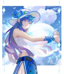 Rule 34 | 1girl, ball, bare shoulders, beachball, belt, black belt, bloom, blue flower, blue hair, blue hat, blue rose, blue skirt, border, character request, chinese commentary, commentary request, copyright request, cowboy shot, crop top, cropped shirt, flower, gradient hair, hat, hat flower, heart, heart in eye, highres, holding, long hair, looking at viewer, multicolored hair, outside border, parted lips, pink eyes, pink hair, purple eyes, purple hair, rose, shirt, signature, skirt, sleeveless, sleeveless shirt, smile, solo, standing, sunlight, symbol in eye, white border, white hat, white shirt, yinhepongpong