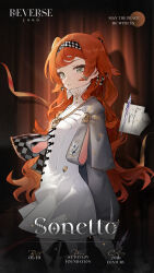 Rule 34 | 1girl, checkered hairband, dress, emblem, english text, gloves, green eyes, highres, long hair, long sleeves, looking at viewer, official art, orange hair, reverse:1999, shirt, solo, sonetto (reverse:1999), white dress, white gloves, white shirt