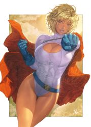 Rule 34 | 1girl, belt, blue eyes, blue gloves, breasts, cape, cleavage, cleavage cutout, clenched hands, clothing cutout, commentary request, dc comics, gloves, hands up, highleg, highleg leotard, highres, homare (fool&#039;s art), large breasts, leotard, lips, lipstick, long sleeves, makeup, open mouth, power girl, red cape, shiny skin, short hair, signature, simple background, smile, solo, superman (series), thighs, turtleneck, white leotard