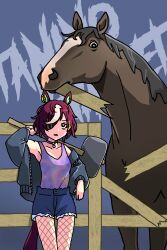 Rule 34 | 1girl, absurdres, animal ears, black jacket, blue shorts, broken fence, character name, choker, cutoffs, eyepatch, fence, fishnet pantyhose, fishnets, highres, horse, horse ears, horse girl, horse tail, jacket, looking at viewer, mallet, off shoulder, ooishi oil, open mouth, pantyhose, purple hair, short hair, shorts, solo, standing, tail, tanino gimlet (racehorse), tanino gimlet (umamusume), tank top, umamusume