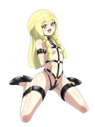 Rule 34 | 1girl, absurdres, arms behind back, bdsm, black footwear, black panties, blonde hair, blush, bondage, bound, braid, breasts, collar, creatures (company), game freak, green eyes, harness, high heels, highres, latex, lillie (pokemon), lips, long hair, nintendo, no nipples, panties, pokemon, pokemon sm, restrained, shiny clothes, shiny skin, shoukin500, slave, small breasts, smile, thick thighs, thighs, thong, tongue, underwear