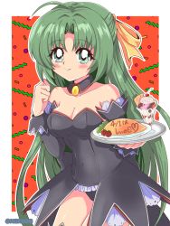 Rule 34 | 1990s (style), 1girl, absurdres, ahoge, angel mort, artist name, bare shoulders, blush, breasts, brooch, cherry, cleavage, covered navel, detached collar, elbow gloves, film grain, food, frills, fruit, gloves, green eyes, green hair, hair ribbon, half updo, hand up, highres, higurashi no naku koro ni, holding, holding tray, ice cream, jewelry, leotard, lettuce, long hair, looking at viewer, medium breasts, mizuno374, omelet, omurice, parted bangs, retro artstyle, ribbon, skin tight, smile, solo, sonozaki shion, sundae, thighhighs, tomato, tray, uniform, very long hair, waitress, wrist cuffs