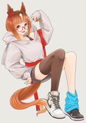 Rule 34 | 1girl, absurdres, animal ears, asymmetrical footwear, black shorts, breasts, brown hair, brown thighhighs, closed mouth, collarbone, ear ornament, full body, glasses, grey background, hand up, high tops, highres, hood, hoodie, horse ears, horse girl, horse tail, long sleeves, loose socks, mismatched footwear, nike (company), product placement, red eyes, shoes, short hair, short shorts, shorts, signature, silenxe, simple background, single sock, single thighhigh, small breasts, sneakers, socks, solo, tail, tank top, thighhighs, tongue, tongue out, transcend (umamusume), umamusume, white hoodie