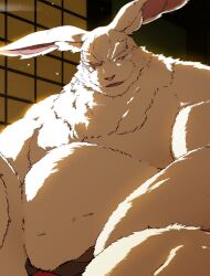 Rule 34 | 1boy, animal ears, bara, beard, big belly, cowboy shot, facial hair, fat, fat man, fire light, fluffy, forked eyebrows, furry, furry male, half-closed eyes, highres, huge eyebrows, large pectorals, looking at viewer, male focus, mature male, old, old man, pectorals, rabbit boy, rabbit ears, samoji (beastlover), scar, scar across eye, seductive smile, shangri-la frontier, smile, solo, thick beard, topless male, vysache (shangri-la frontier)