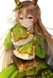 Rule 34 | 1girl, :d, animal ears, blush, breasts, brown eyes, brown hair, center frills, closed mouth, commentary request, frills, green jacket, green skirt, hair between eyes, hair ribbon, half updo, hands up, highres, horse ears, jacket, long hair, long sleeves, looking at viewer, medium breasts, nasii, open mouth, ribbon, satono diamond (umamusume), see-through, shirt, simple background, skirt, sleeves past fingers, sleeves past wrists, smile, solo, umamusume, very long hair, white background, white shirt
