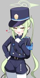 Rule 34 | 1girl, absurdres, black hat, black jacket, black shorts, black tail, blue archive, blush, buttons, cowboy shot, demon tail, double-breasted, earrings, fang, gloves, green hair, green halo, grey background, halo, hat, heart, nozomi (blue archive), highres, jacket, jewelry, long hair, long sleeves, looking at viewer, open mouth, pantyhose, peaked cap, pointy ears, shorts, simple background, skin fang, smile, solo, sprout (haji s), tail, twintails, white gloves, white pantyhose, yellow eyes