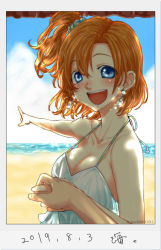 Rule 34 | 1girl, aqua eyes, artist name, artist request, bare shoulders, beach, blue eyes, blue sky, blush, breasts, cleavage, cloud, day, dress, earrings, female focus, hat, hold hands, jewelry, kosaka honoka, lens flare, love live!, love live! school idol project, orange hair, petals, pointing, pointing to the sky, see-through, short hair, side ponytail, sky, smile, solo, straw hat, sun, sundress, teeth, white dress