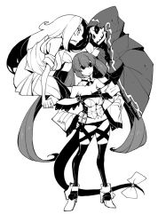 Rule 34 | 1boy, 2girls, boots, breasts, cleavage, clenched teeth, closed mouth, detached sleeves, dizzy (guilty gear), dowman sayman, greyscale, guilty gear, guilty gear xrd, hair ribbon, hair rings, hands on own hips, high heel boots, high heels, hood, hood up, long hair, long sleeves, monochrome, multiple girls, navel, necro (guilty gear), panties, ribbon, standing, tail, teeth, thighhighs, underwear, undine (guilty gear)