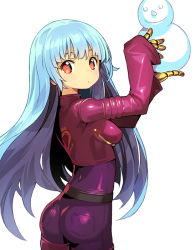 Rule 34 | 1girl, :o, arms up, ass, belt, blue hair, bodysuit, boots, breasts, cowboy shot, cropped jacket, from side, gloves, gradient hair, hands up, holding, jacket, kula diamond, long hair, looking at viewer, medium breasts, multicolored hair, onono imoko, open mouth, pants, pocket, purple footwear, purple hair, purple pants, red eyes, simple background, small breasts, snowman, solo, the king of fighters, the king of fighters xiv, thigh boots, thighhighs, two-tone hair, very long hair, white background