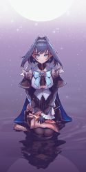 Rule 34 | 1girl, blue eyes, blue hair, bow, chain, cleavage cutout, cloak, clothing cutout, earrings, feathers, hair intakes, headband, highres, hololive, hololive english, jewelry, kneeling, knife, moon, nanashi mumei, ouro kronii, reflection, reflective water, ripples, sailor collar, seiza, shirt, short hair, sitting, sk jynx, sleeveless, sleeveless shirt, sparkle, tears, virtual youtuber, water