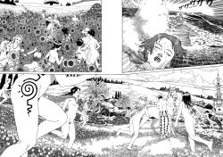 Rule 34 | absurdres, bodypaint, completely nude, flower, flower on head, forest, highres, horse, manga page, monochrome, nature, nude, panorama toukitan, public indecency, public nudity, suehiro maruo, topless male