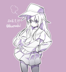Rule 34 | 10s, 1girl, 2016, akatsuki (kancolle), angry, blush, cowboy shot, dated, flat cap, frown, hands on own hips, hat, kantai collection, kaze hiki, long hair, long sleeves, looking at viewer, monochrome, purple background, school uniform, simple background, sketch, skirt, solo, twitter username