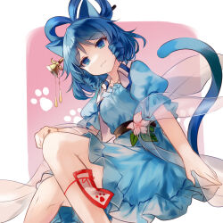 Rule 34 | 1girl, animal ears, belt, blue dress, blue eyes, blue hair, breasts, cat ears, cat tail, closed mouth, commentary request, dress, drill hair, drill sidelocks, feet out of frame, flower, frills, hagoromo, hair ornament, hair rings, hair stick, highres, kaku seiga, kemonomimi mode, knees up, kutsuki kai, light smile, looking at viewer, medium breasts, medium hair, paw print, paw print background, pink background, pink flower, puffy short sleeves, puffy sleeves, shawl, short sleeves, sidelocks, simple background, solo, tail, touhou