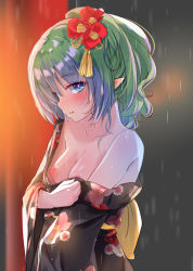 Rule 34 | ameth (princess connect!), aono (f i s), bare shoulders, blue eyes, bow, breasts, breasts out, commentary request, facing to the side, floral print, flower, green hair, hair flower, hair ornament, highres, japanese clothes, kimono, looking at viewer, nipples, no bra, off shoulder, parted lips, pointy ears, princess connect!, rain, red flower, short hair, sidelocks, small breasts, solo, yellow bow, yukata
