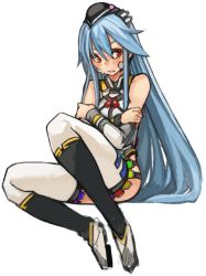 Rule 34 | 1girl, alternate costume, bare shoulders, blue hair, blush, detached sleeves, food, fruit, hat, hinanawi tenshi, long hair, peach, red eyes, sachito, solo, thighhighs, touhou, very long hair