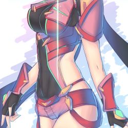 Rule 34 | 1girl, breasts, cat with a brush, close-up, covered navel, fingerless gloves, gloves, hip focus, jewelry, large breasts, midriff, navel, out of frame, pyra (xenoblade), short shorts, shorts, skindentation, stomach, stomach day, xenoblade chronicles (series), xenoblade chronicles 2