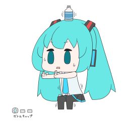 Rule 34 | 1girl, absurdres, aqua eyes, aqua hair, aqua necktie, balancing, bare shoulders, black legwear, black skirt, black sleeves, bottle, bottle cap, bottle on head, chibi, commentary, detached sleeves, drunken master, flat color, grey shirt, hair ornament, hatsune miku, hatsune negame, highres, long hair, miniskirt, necktie, open mouth, outstretched arm, parody, pleated skirt, shirt, skirt, sleeveless, sleeveless shirt, solid oval eyes, solo, squatting, sweat, translated, trembling, twintails, very long hair, vocaloid, water bottle, white background