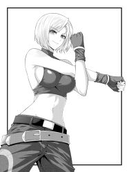 Rule 34 | 1girl, absurdres, bare shoulders, belt, black872233196, blue mary, breasts, clenched hands, closed mouth, commentary request, denim, fatal fury, fingerless gloves, fingernails, gloves, greyscale, highres, jeans, lips, looking at viewer, loose belt, medium breasts, monochrome, multiple belts, navel, pants, short hair, simple background, sleeveless, smile, stomach, stretching, tank top, the king of fighters, the king of fighters &#039;97, white background