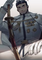 Rule 34 | 1boy, badge, bara, black hair, brown eyes, bulge, facial hair, fiery horns, forked eyebrows, from below, gloves, goatee, horns, hozu (hozumi), jacket, katana, looking at viewer, male focus, mature male, medal, medallion, military, military uniform, muscular, muscular male, pants, pectorals, planted, planted sword, planted weapon, scar, scar on face, scar on nose, short hair, sideburns, solo, sword, thick thighs, thighs, tokyo houkago summoners, undercut, uniform, weapon, white gloves, white jacket, white pants, yoritomo (housamo)