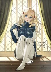 Rule 34 | 1girl, arm support, blonde hair, blue eyes, bodysuit, commission, curtains, fadingz, full body, hair between eyes, hair ornament, head tilt, highres, indoors, looking at viewer, parted lips, plugsuit, sitting, skeb commission, solo, translation request, violet evergarden, violet evergarden (series), window