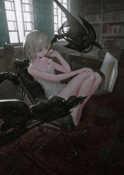 Rule 34 | 1girl, absurdres, bare legs, bare shoulders, barefoot, blue eyes, book, book stack, bookshelf, camisole, chair, commentary request, desk, frilled camisole, frills, full body, grey hair, highres, indoors, machine, original, reading, reoen, science fiction, short hair, sitting, strap slip, window
